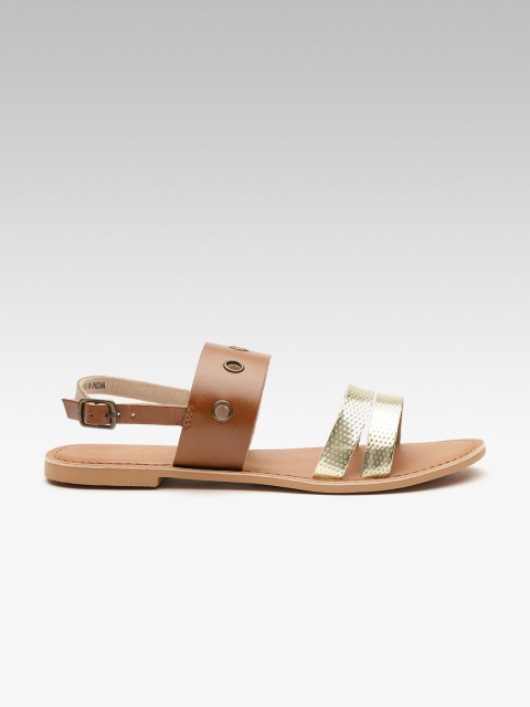 

Steve Madden Women Brown & Gold-Toned Leather Colourblocked Open Toe Flats