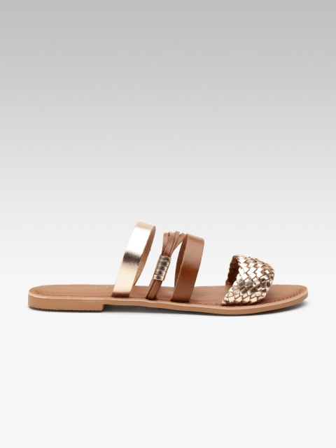 

Steve Madden Women Brown & Rose Gold-Toned Leather Colourblocked Open Toe Flats