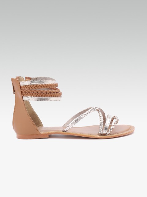 

Steve Madden Women Brown & Gold-Toned Leather Colourblocked Mid-Top Open Toe Flats