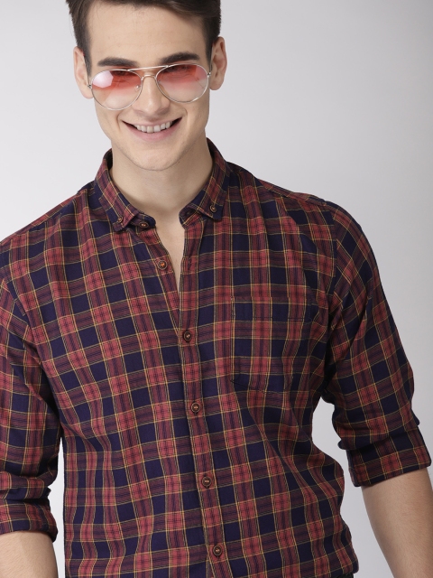 

Mast & Harbour Men Rust Pink & Navy Slim Fit Checked Casual Shirt