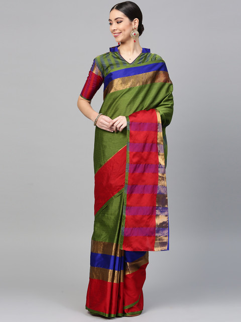 

Saree mall Olive Green Solid Banarasi Saree