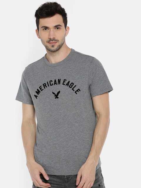 

AMERICAN EAGLE OUTFITTERS Men Grey Melange Embroidered Round Neck T-shirt