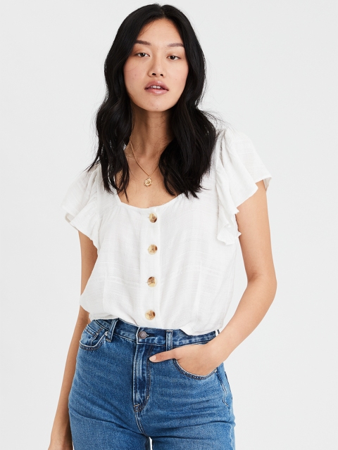 

AMERICAN EAGLE OUTFITTERS Women White Solid Regular Top