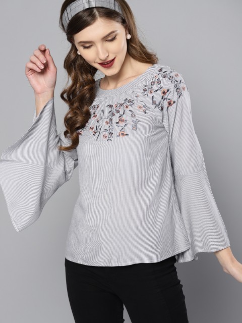 

Marie Claire Women White & Grey Striped Top