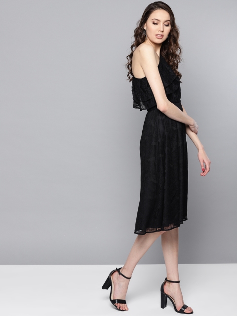

Marie Claire Women Black Solid Lace One Shoulder Fit and Flare Dress