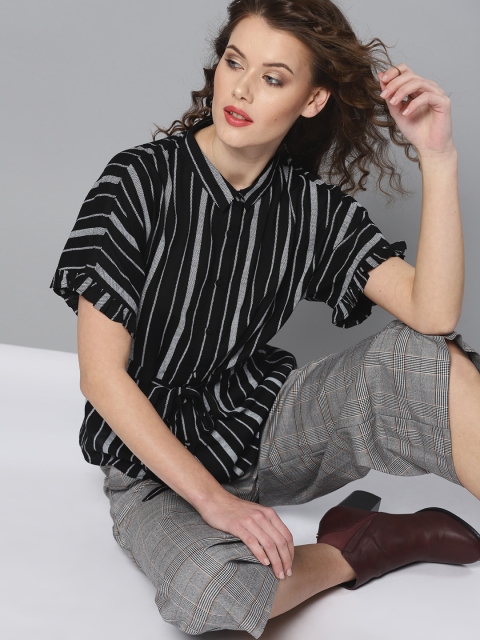 

Marie Claire Women Black & White Regular Fit Striped Casual Shirt