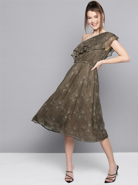 

Marie Claire Women Olive Green Lace One Shoulder Fit and Flare Dress