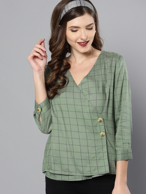 

Marie Claire Women Olive Green Checked Wrap Top