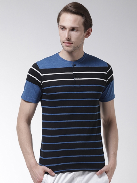 

Fort Collins Men Black & Blue Striped Henley Neck T-shirt