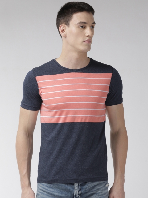 

Fort Collins Men Blue & Peach-Coloured Colourblocked Round Neck T-shirt