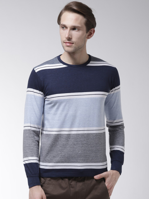 

Fort Collins Men Blue & White Striped Round Neck T-shirt