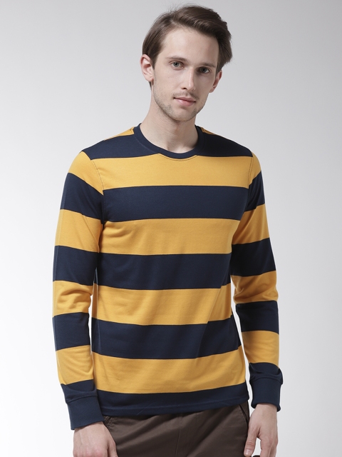 

Fort Collins Men Navy Blue & Mustard Yellow Striped Round Neck T-shirt