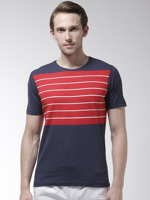 

Fort Collins Men Navy Blue & Red Striped Round Neck T-shirt