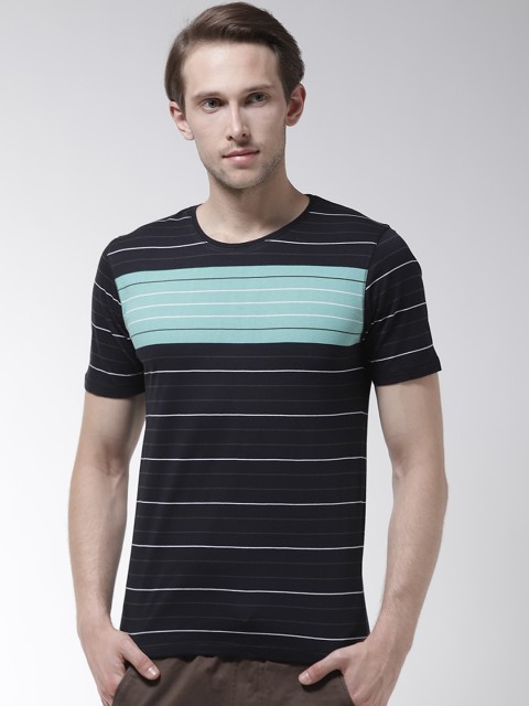 

Fort Collins Men Navy Blue & Sea Green Striped Round Neck T-shirt