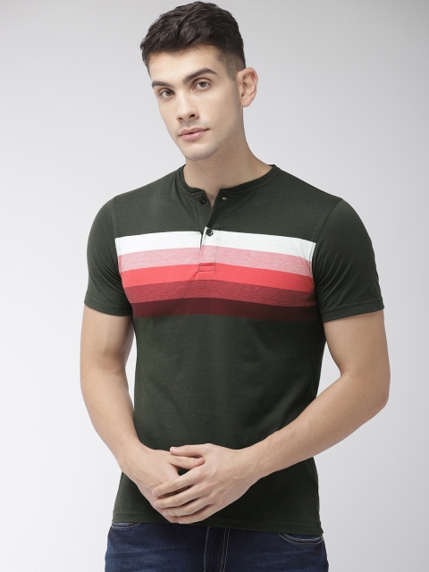 

Fort Collins Men Olive Green Striped Detail Henley Neck T-shirt