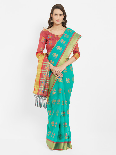

Viva N Diva Turquoise Blue Silk Blend Woven Design Tussar Saree