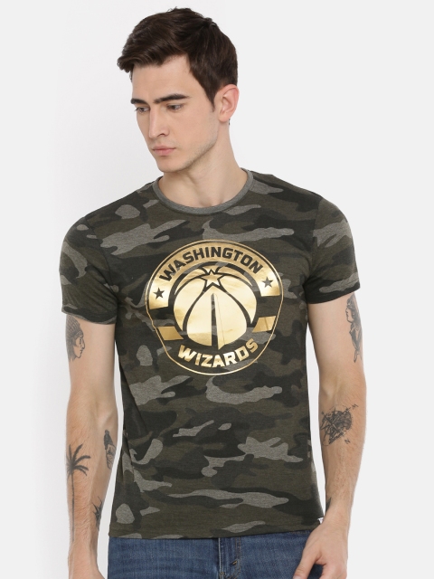 

NBA Men Olive Green & Black Camouflage Print Round Neck T-shirt