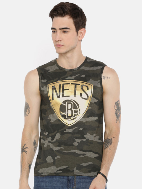 

NBA Men Olive Green Camouflage Printed Nets T-shirt