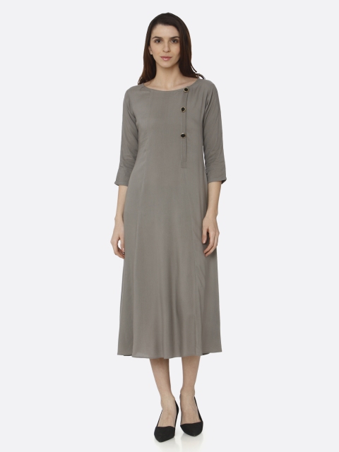 

RAISIN Women Grey Solid A-Line Midi Dress