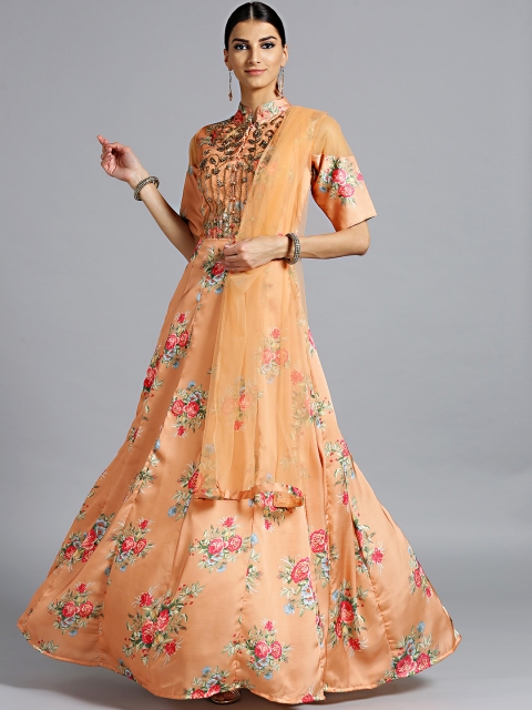 

Chhabra 555 Women Peach-Coloured Printed Made to Measure Gown with Dupatta