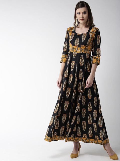 

WoowZerz Women Black & Mustard Yellow Printed Maxi Dress