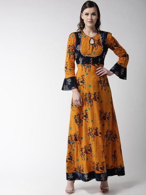

WoowZerz Women Mustard Yellow & Navy Blue Printed Maxi Dress