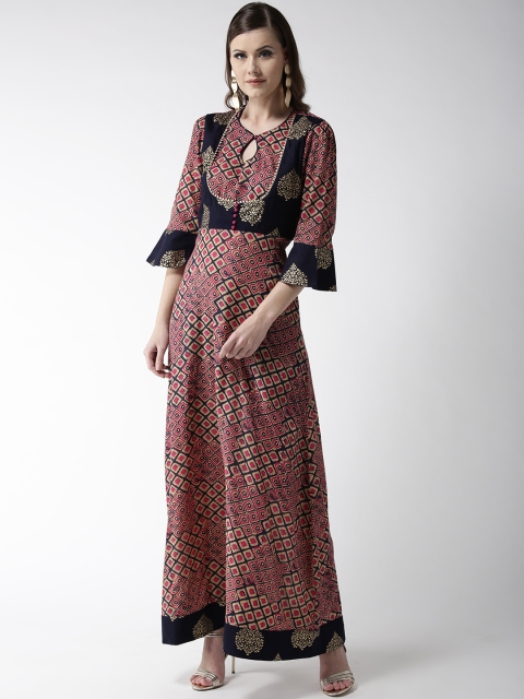 

WoowZerz Women Beige & Navy Blue Printed Maxi Dress