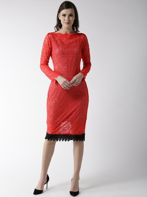 

WoowZerz Women Coral Red Lace Sheath Dress