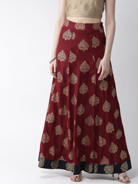 

WoowZerz Women Maroon & Golden Printed Maxi Flared Skirt