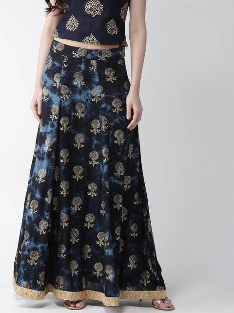 

WoowZerz Women Navy Blue & Golden Dyed Maxi Flared Skirt with Printed Detail