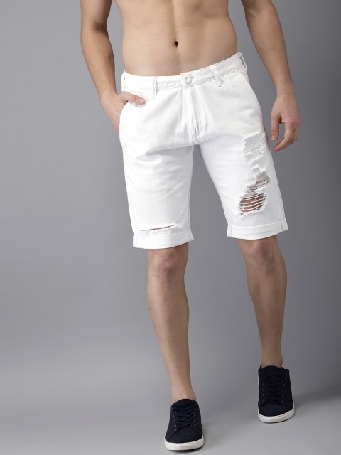 

HERE&NOW Men White Solid Mildly Distressed Regular Fit Denim Shorts