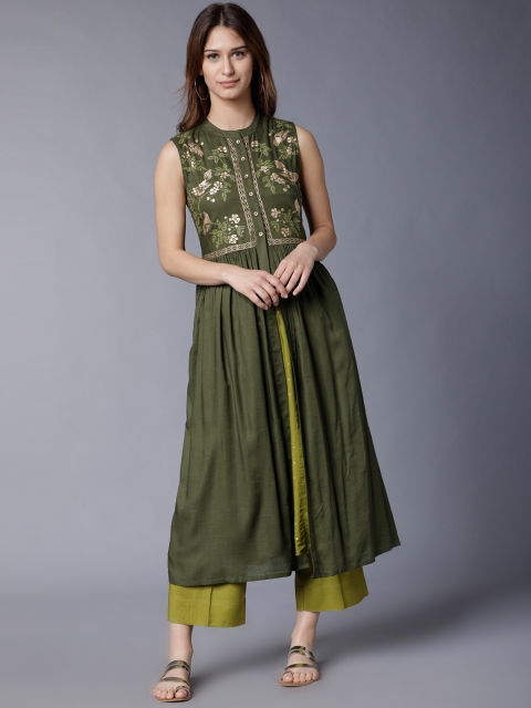 

Vishudh Women Olive Green Solid Kurta with Jacket & Palazzos