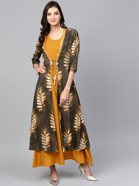 

Shree Women Mustard Yellow Solid Maxi Dress with Ethnic Jacket