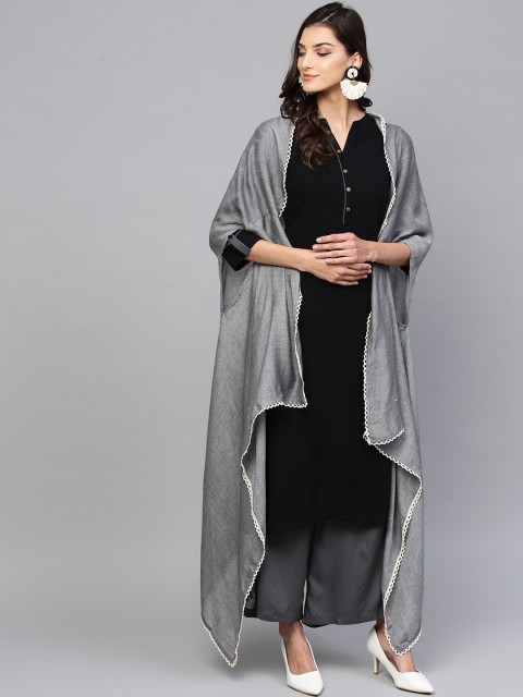 

Shree Women Black & Grey Solid Kurta with Palazzos & Cape