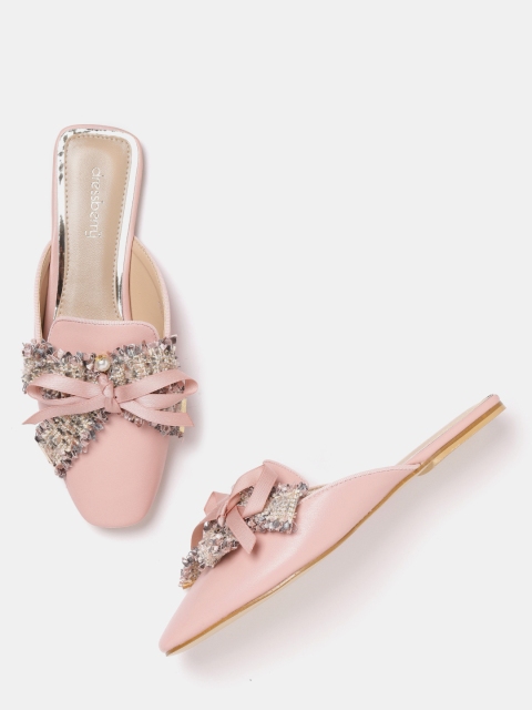 

DressBerry Women Pink Solid Mules With Bow Detail