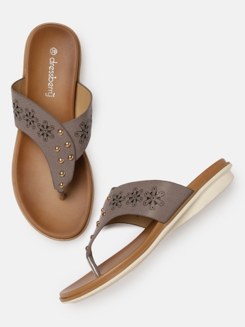 

DressBerry Women Grey Embellished T-Strap Flats