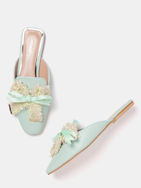 

DressBerry Women Green Solid Mules With Bow Detail