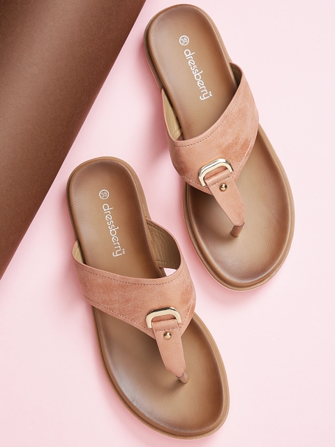 

DressBerry Women Peach-Coloured Solid T-Strap Flats