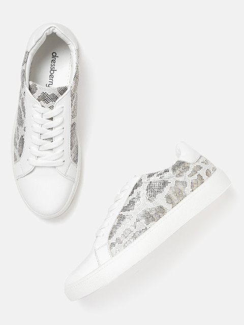 

DressBerry Women White & Gold-Toned Snakeskin Textured Sneakers