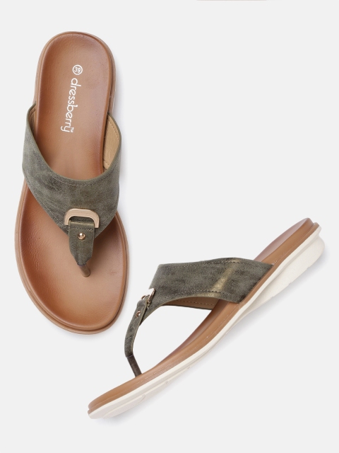 

DressBerry Women Green Solid T-Strap Flats