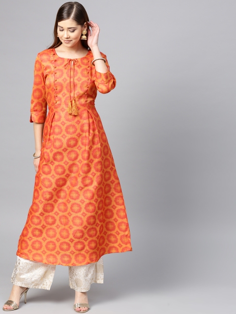 

Yufta Women Orange & Red Woven Design A-Line Kurta