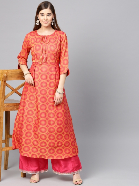 

Yufta Women Coral Pink & Yellow Woven Design A-Line Kurta