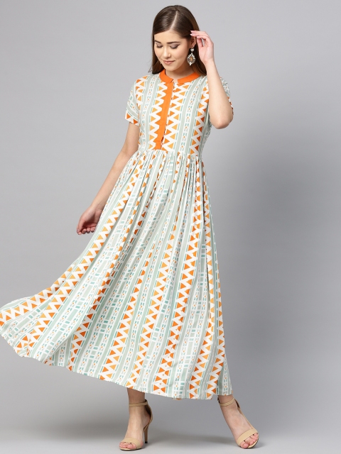 

Yufta Women Green & Orange Printed Maxi Dress