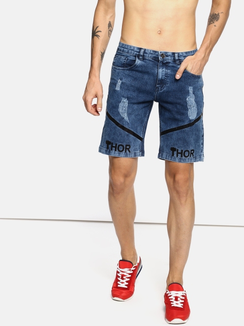 

Kook N Keech Marvel Men Blue Washed Printed Distressed Regular Fit Denim Shorts