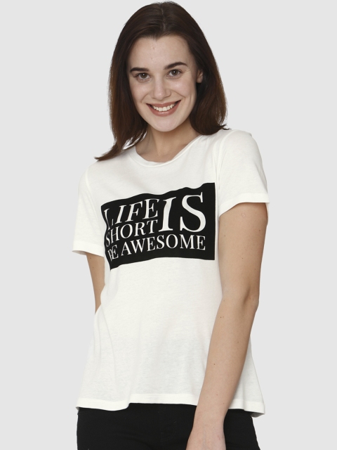 

Vero Moda Women White Printed Round Neck T-shirt