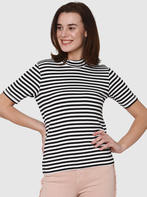 

Vero Moda Women White & Black Striped High Neck T-shirt