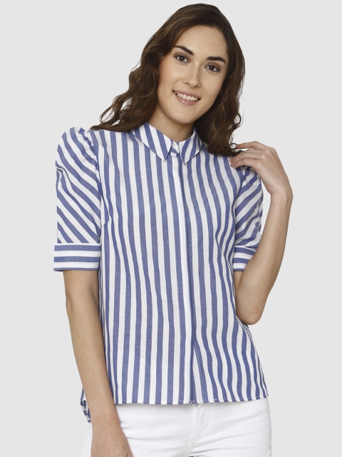 

Vero Moda Women White & Blue Regular Fit Striped Casual Shirt