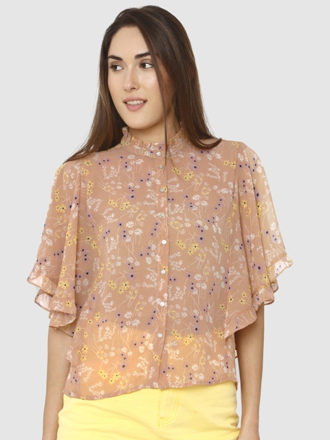 

Vero Moda Women Beige Printed Semi sheer Shirt Style Top