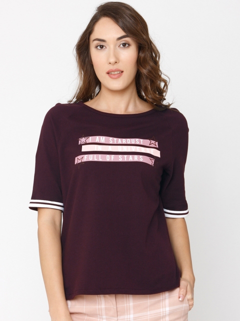 

Vero Moda Women Burgundy Printed Round Neck Pure Cotton T-shirt
