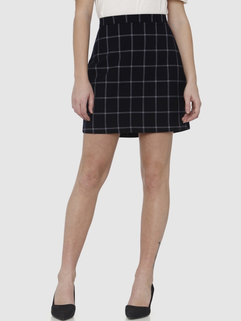 

Vero Moda Navy Blue & White Checked High Rise Short A-line Skirt